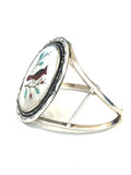 Vintage Cardinal Inlay Native American Sterling Silver Mother of Pearl Cuff Bracelet, 32 Grams