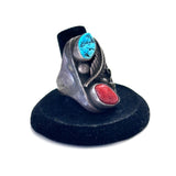 Size 10.25 Old Pawn Navajo 2 Stone Natural Coral & Turquoise Sterling Men's Ring #A007