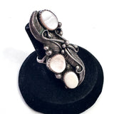 Vintage Sterling Silver Feather & Mother Of Pearl Ring, Elongated Design, Size 7 (A046)