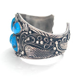 Vintage Native American Turquoise Ornate Sterling Silver Squash Blossom Cuff Bracelet B022