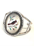Vintage Cardinal Inlay Native American Sterling Silver Mother of Pearl Cuff Bracelet, 32 Grams