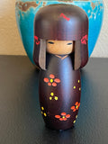 Vintage Japanese Wooden Kokeshi Doll, Hand-Painted Floral Kimono