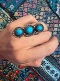Sz 6, Vintage Navajo Southwestern Sterling Silver & Turquoise 3 Stone Ring (A009)