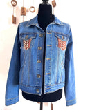 Embellished Denim Jacket, African Textiles, Boho Jean Jacket (M)