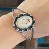 Native American Sterling & Mother of Pearl Inlay Cuff Bracelet, 37 Grams, Southwestern Jewelry B016