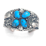 Vintage Native American Turquoise Ornate Sterling Silver Squash Blossom Cuff Bracelet B022
