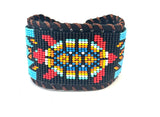 Unisex Leather Beaded Wide Cuff Bracelet / Bead Work Design