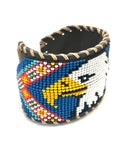Unisex Leather Beaded Wide Cuff Bracelet / Bead Work, Eagle Design