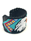 Unisex Leather Beaded Wide Cuff Bracelet / Bead Work, Eagle Design