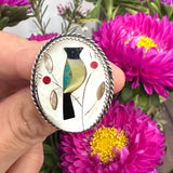 Sz 6  Vintage Zuni Sterling Silver Multi Stone Bird Inlay Ring (R056)