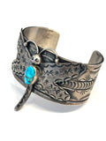 Navajo Bobby Johnson Heavy Sterling Silver & Turquoise Cuff Bracelet, Dragonfly Design