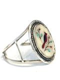 Vintage Cardinal Inlay Native American Sterling Silver Mother of Pearl Cuff Bracelet, 32 Grams