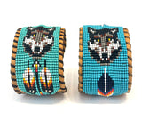 Unisex Leather Beaded Wide Cuff Bracelet / Bead Work, Fox Design