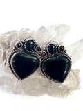 Vintage Sterling Silver Onyx & Garnet Heart Clip-on  Earrings
