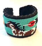 Unisex Leather Beaded Wide Cuff Bracelet / Bead Work Design