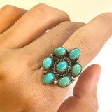 Size 7.25 Vintage Native American Sterling Silver & Turquoise Cluster Ring A006