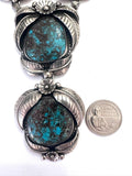 Vintage Native American Sterling Silver & Bisbee Turquoise Detailed Squash Blossom Choker Necklace