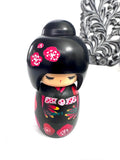 Vintage Kokeshi Wooden Doll, Green Kimono with Red Flowers