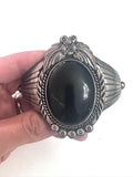 Huge Vintage Native American Sterling Silver Onyx Cuff Bracelet, 70 Grams