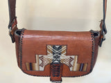 Vintage Leather Crossbody Bag, Southwestern Style, Woven Textile Leather Purse