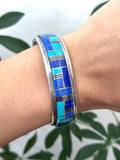 Vintage Native American Navajo Sterling Silver Turquoise Lapis Inlay Cuff Bracelet By Frank Chee