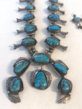 Large Vintage Navajo Turquoise Sterling Silver Squash Blossom Necklace and Matching Earrings, 295 Grams