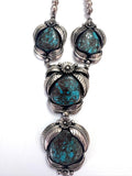 Vintage Native American Sterling Silver & Bisbee Turquoise Detailed Squash Blossom Choker Necklace