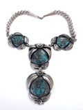 Vintage Native American Sterling Silver & Bisbee Turquoise Detailed Squash Blossom Choker Necklace