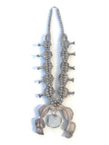 Large Vintage Navajo Turquoise Sterling Silver Squash Blossom Necklace and Matching Earrings, 295 Grams