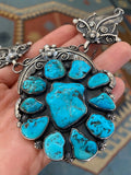 Vintage Huge Navajo Sterling Silver Turquoise Squash Blossom Necklace (N002)