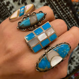 Size 7.5 Vintage Navajo Sterling Silver Turquoise & MOP Ring (A080)