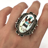 Vintage Sterling Silver Kachina Dancer Ring, Mother of Pearl Inlay, Size 7.25
