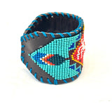 Unisex Leather Beaded Wide Cuff Bracelet / Kokopeli Bead Work Design
