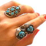 Vintage Navajo Kingman Turquoise Sterling Silver Leaf Ring, Size 7