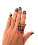 Vintage Native American Sterling Silver Red Spiny Oyster Butterfly Ring Signed