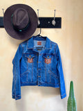 Embellished Denim Jacket, African Textiles, Boho Jean Jacket (M)