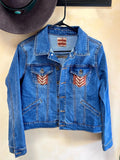 Embellished Denim Jacket, African Textiles, Boho Jean Jacket (M)