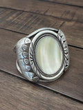 Vintage Sterling Silver & Mother of Pearl Solid Cuff Bracelet, 57 Grams, Navajo Bracelet