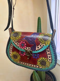 Mexican Tooled Leather Shoulder Bag/ Adjustable Strap, Boho Bag