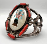 Vintage Kachina Sterling Silver Cuff Bracelet, Multi Stone Inlay, Signed Ivan V