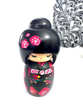 Vintage Kokeshi Wooden Doll, Green Kimono with Red Flowers