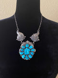 Vintage Huge Navajo Sterling Silver Turquoise Squash Blossom Necklace (N002)