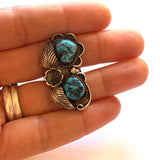 Vintage Navajo Kingman Turquoise Sterling Silver Leaf Ring, Size 7