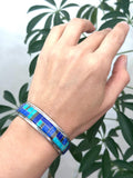 Vintage Native American Navajo Sterling Silver Turquoise Lapis Inlay Cuff Bracelet By Frank Chee