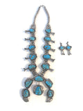 Large Vintage Navajo Turquoise Sterling Silver Squash Blossom Necklace and Matching Earrings, 295 Grams