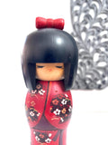 Vintage Japanese Kokeshi Doll, Red Kimono, Handmade Wooden Girl (8'')