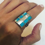 Zuni Multi-Stone Inlay Sterling Silver Ring, Size 9.75
