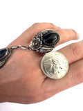 Vintage Navajo Sterling and Onyx Slave Bracelet, Ring Size 6.75  Signed Y