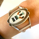 Vintage Sterling Silver Kachina Dancer Cuff, Mother of Pearl Inlay