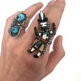 Vintage Zuni Kachina Ring, Multi-Stone Inlay Sterling Silver, Size 7.5